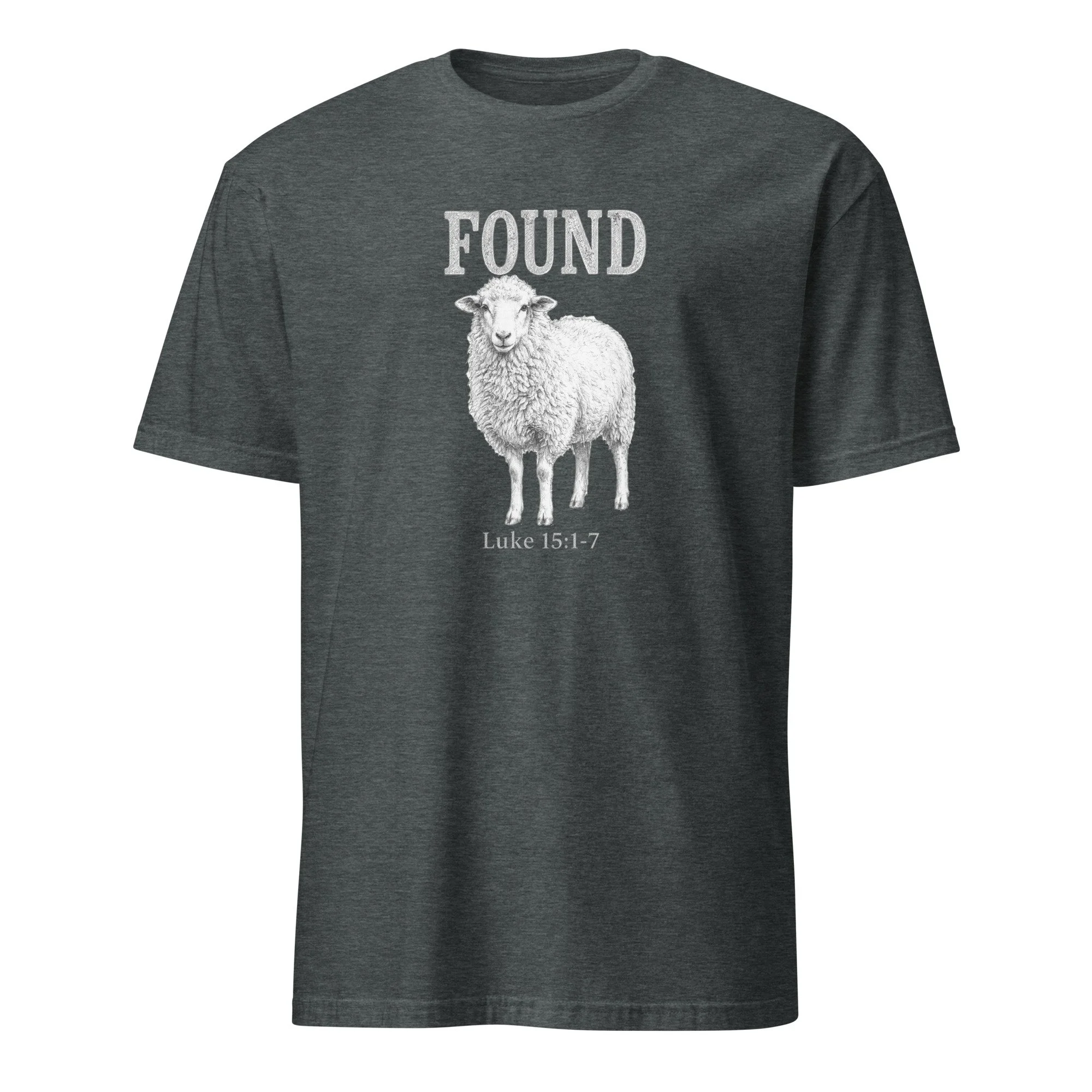 Dark heather Christian Found shirt with lost sheep portrait and Luke 15:1-7, front view