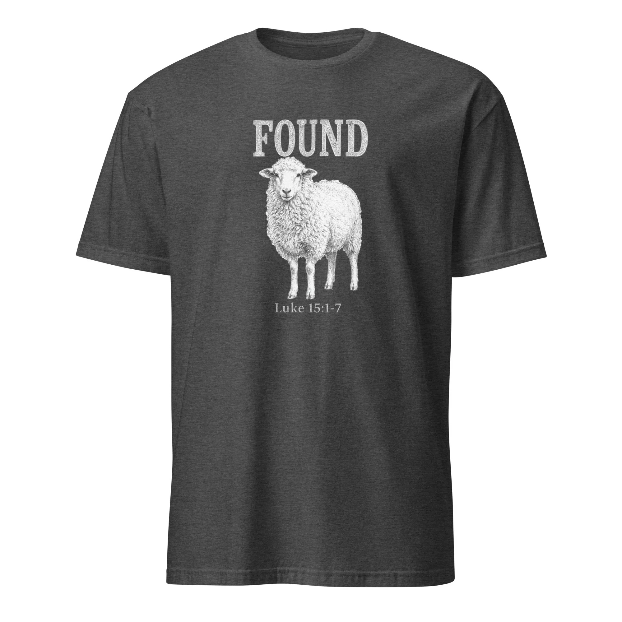 Dark heather grey lost sheep shirt with Found sheep portrait and Luke 15:1-7, front view