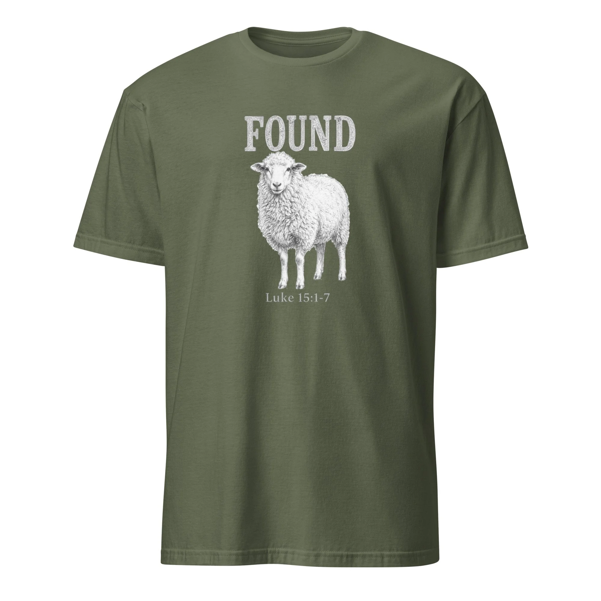 Military green Christian Found shirt with lost sheep portrait and Luke 15:1-7, front view