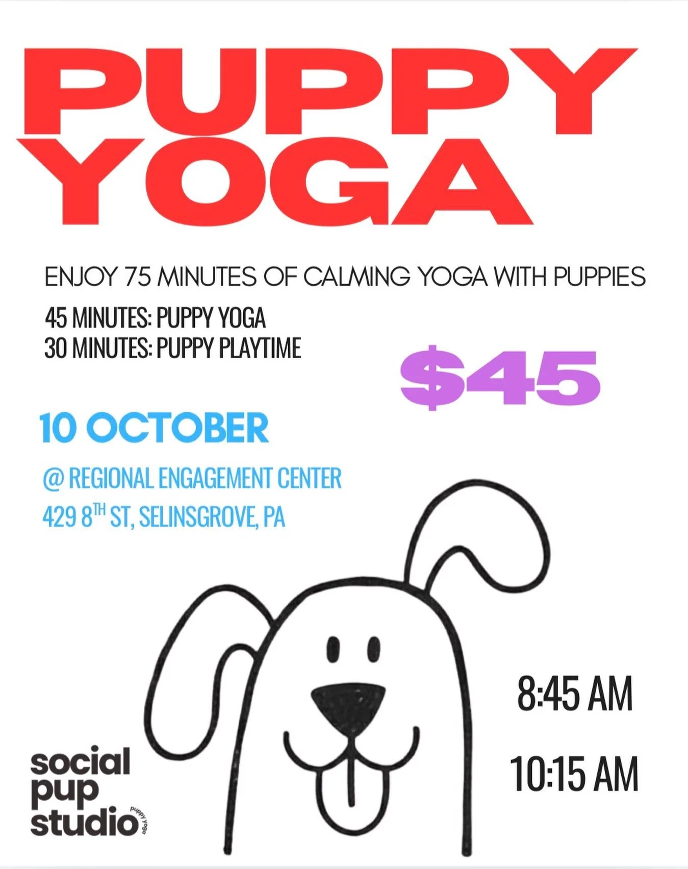 Want to start your morning with puppies? 🐶 ☀️ Join us OCTOBER 10 @ Regional Engagement Center in Selinsgrove, PA for PUPPY YOGA. Book your spot online using the link in the bio. See you on the mat!