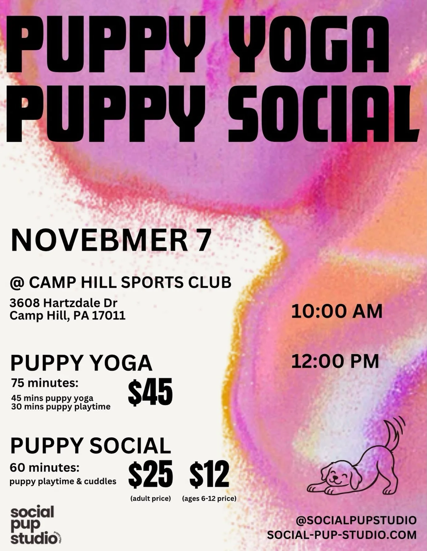 Your November plans just got a whole lot cuter! Take a break from the everyday and make time for your wellness.🐾

Join us NOVEMBER 7 at Camp Hill Sports Club for a little movement, mindfulness, connection, and puppy love! ✨💕

Two ways to get your p