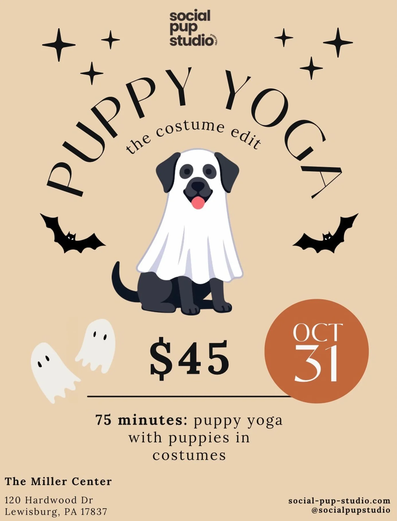 Spooky season looks a little different around here! 👻🐾

Join us for Puppy Yoga: The Costume Edit featuring the cutest pups dressed for Halloween. 🎃 

75 minutes of yoga, puppy cuddles, wagging tails, and a little Halloween vibes! 

📍 The Miller C