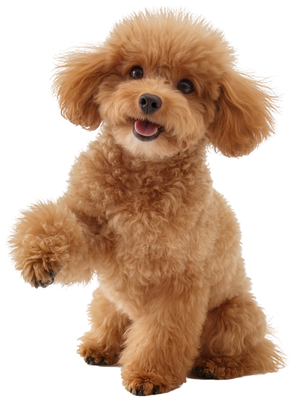 A cute tan toy poodle puppy with curly fur, sitting and tilting its head, with a playful and happy expression.
