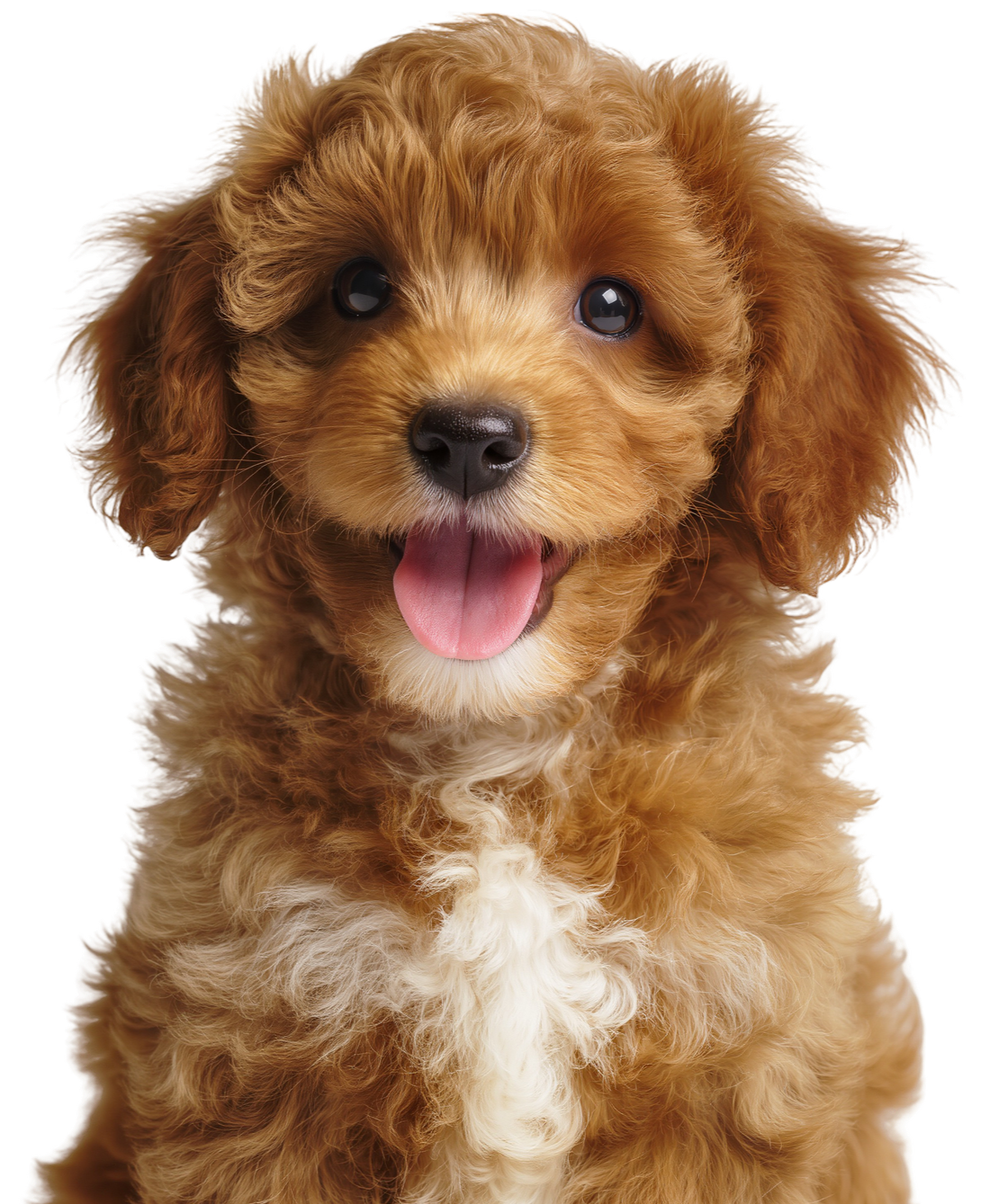 Adorable brown curly-haired puppy with tongue out and bright eyes.