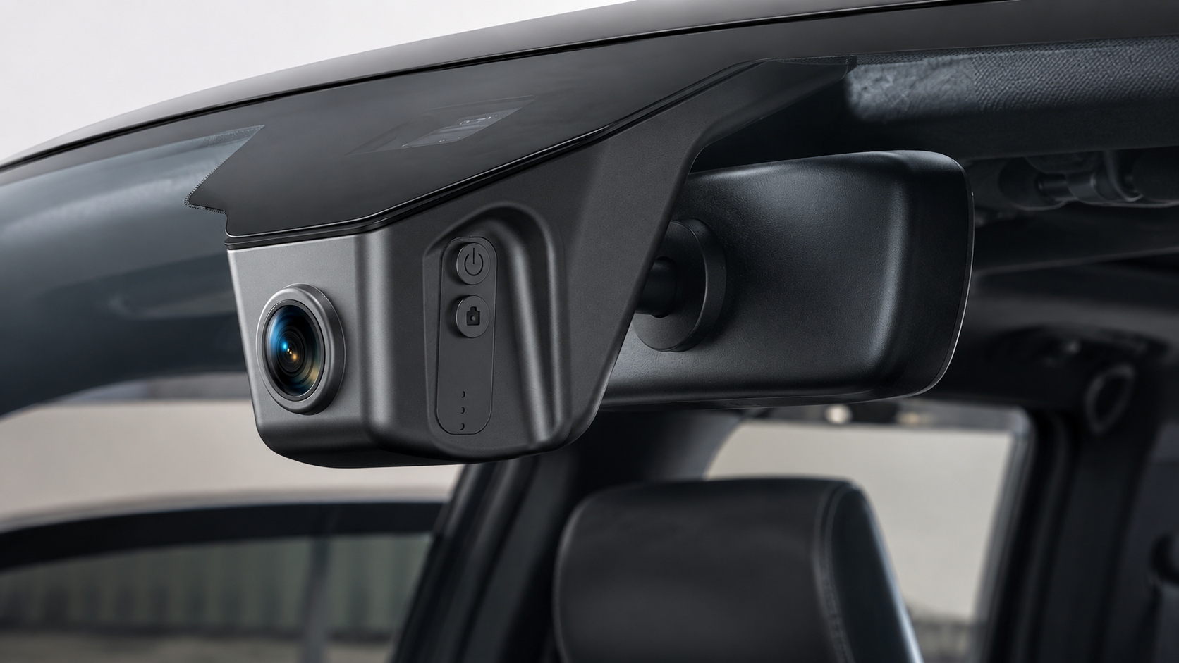 Close-up of a low-profile OVAMAN-style dash camera integrated around the rearview mirror area of a compatible Ford truck