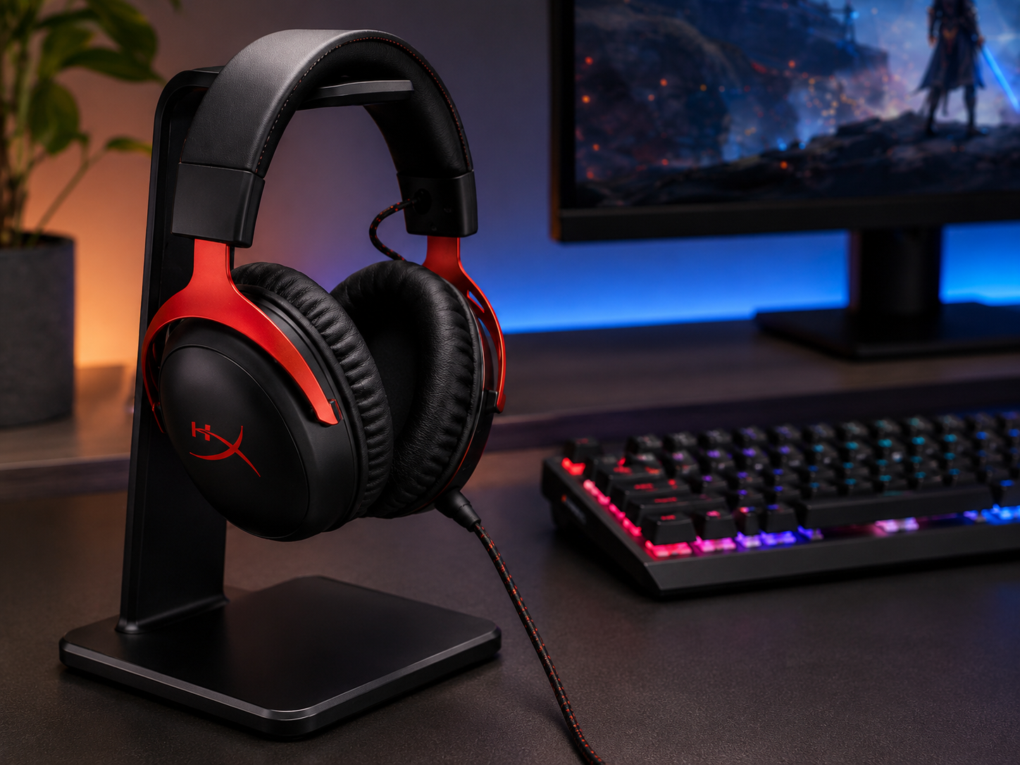 Black and red HyperX-style wired gaming headset displayed on a stand beside a monitor and RGB keyboard in a home gaming desk setup.