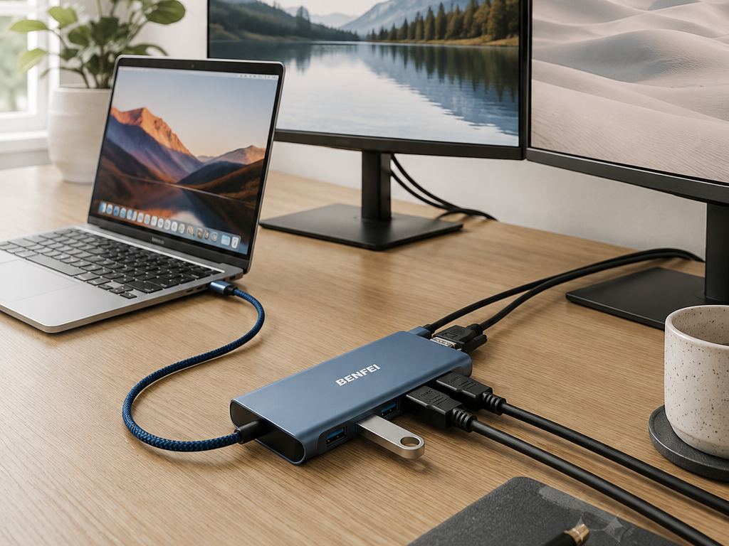 BENFEI USB-C docking station connected to a laptop and dual-monitor home office setup.