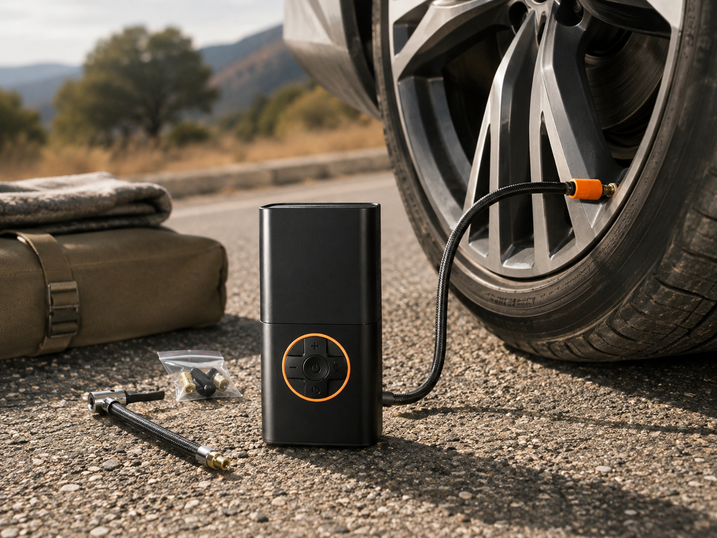 Portable cordless tire inflator with hose and valve attachments set up beside a car tire for roadside emergency use.