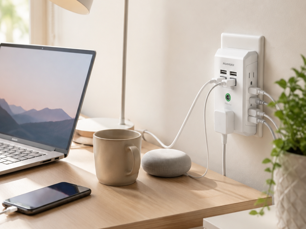 POWERIVER multi-outlet extender installed beside a home office desk with several devices connected.