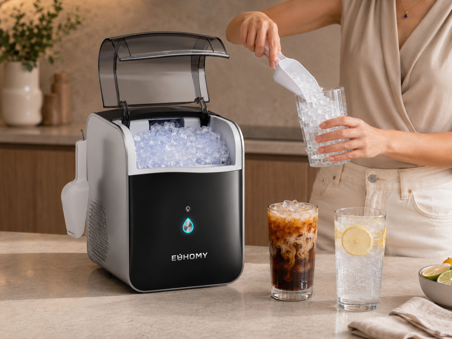 Euhomy nugget ice maker in a bright kitchen scene with drinks and fresh ice, styled to show everyday countertop use and quick ice-making convenience.