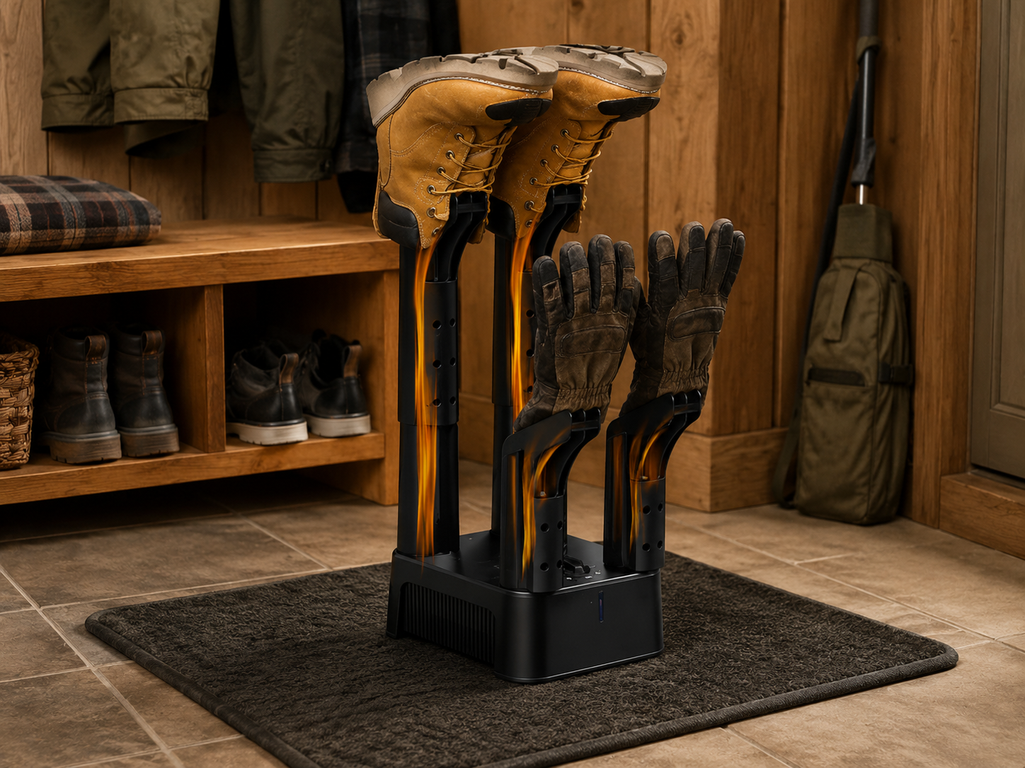 JobSite Mighty Dry boot dryer holding two pairs of work boots and gloves in a warm mudroom with outdoor gear nearby.