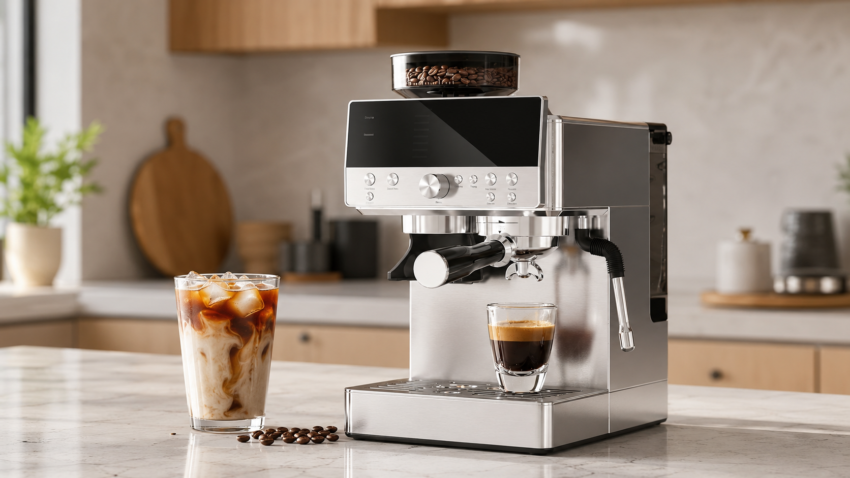 CASABREWS Marenza espresso machine with built-in grinder on a modern kitchen counter beside an iced coffee and freshly brewed espresso.