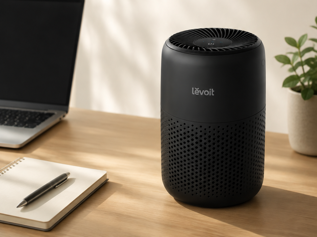 Compact black LEVOIT air purifier positioned on a clean home office desk.