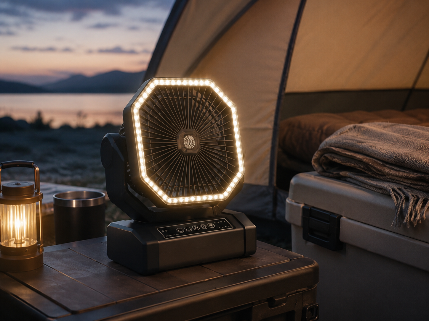 Rechargeable portable fan with built-in LED light sitting on a cooler, useful for car camping, roadside stops, and emergency power outages.