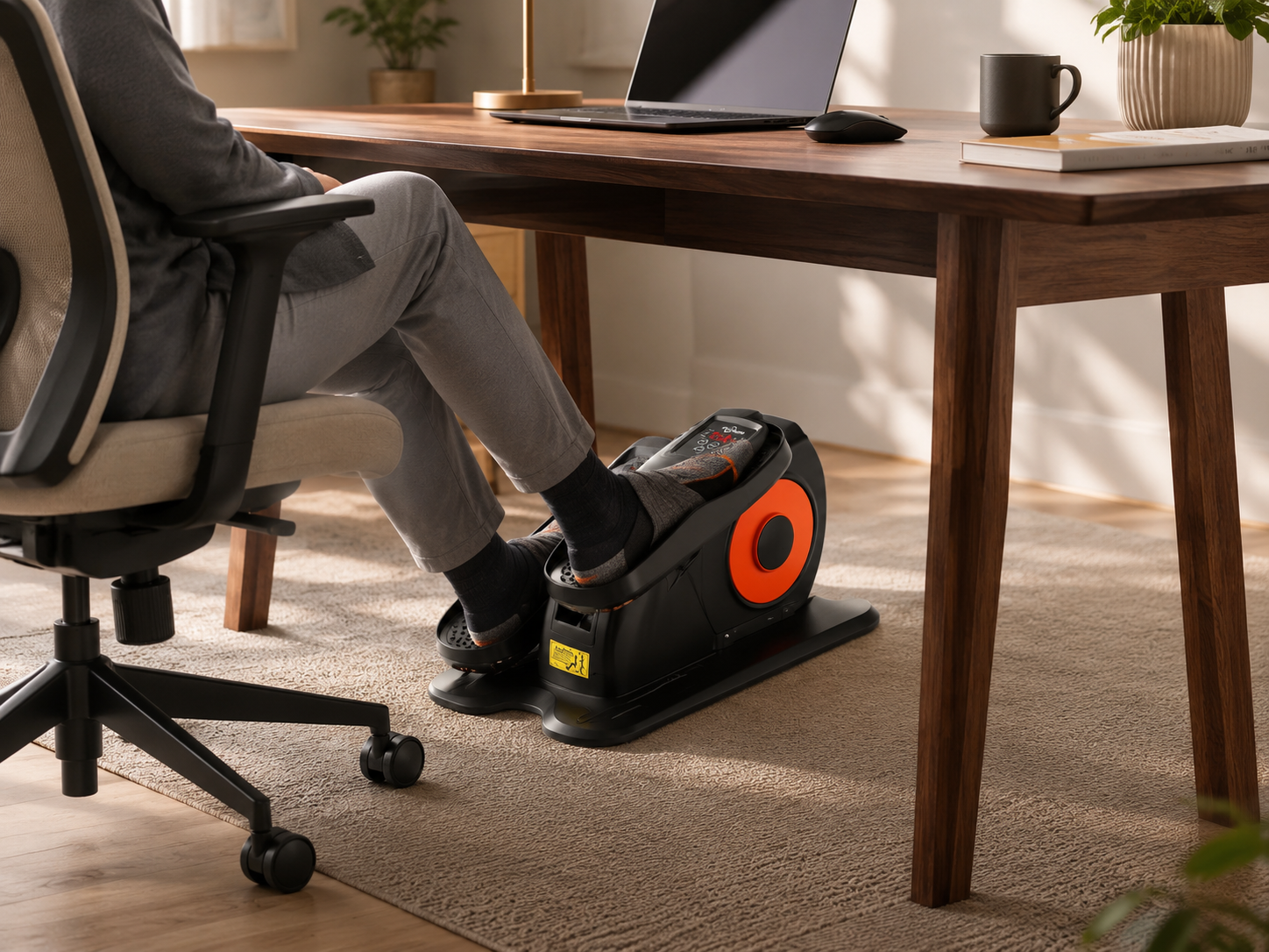 Person using a compact under-desk elliptical beneath a walnut home-office desk with a laptop, ergonomic chair, and warm natural lighting.