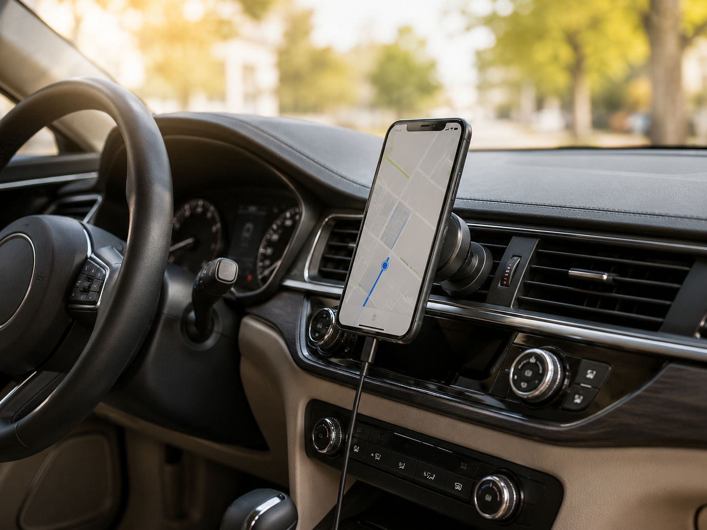 Magnetic wireless car charger holding a smartphone in portrait orientation inside a modern vehicle dashboard.