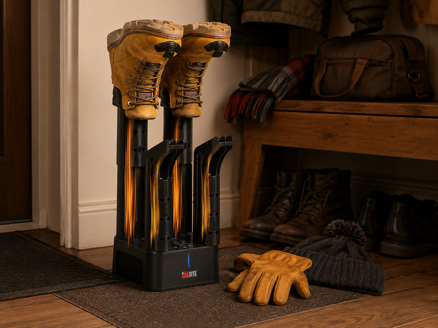 JobSite Mighty Dry boot dryer using four drying posts to dry work boots in a home entryway with gloves and winter gear beside it.