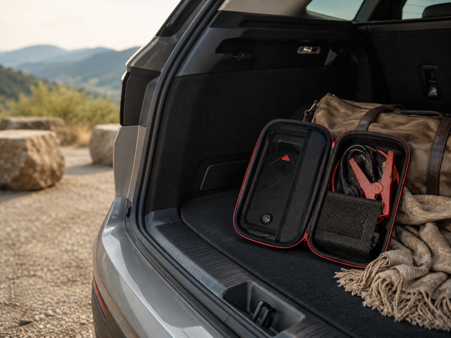 Portable car jump starter kit and roadside essentials organized in an open case inside a vehicle trunk at a scenic overlook