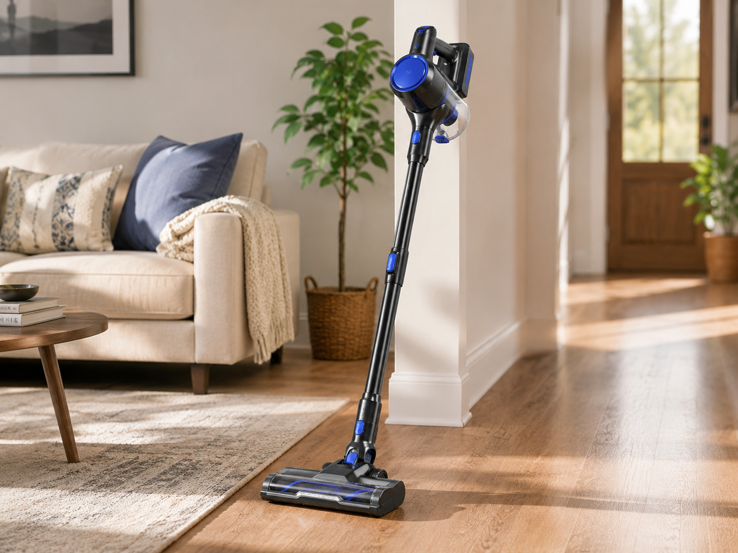 Cordless stick vacuum standing on hardwood flooring in a bright modern living room with neutral decor