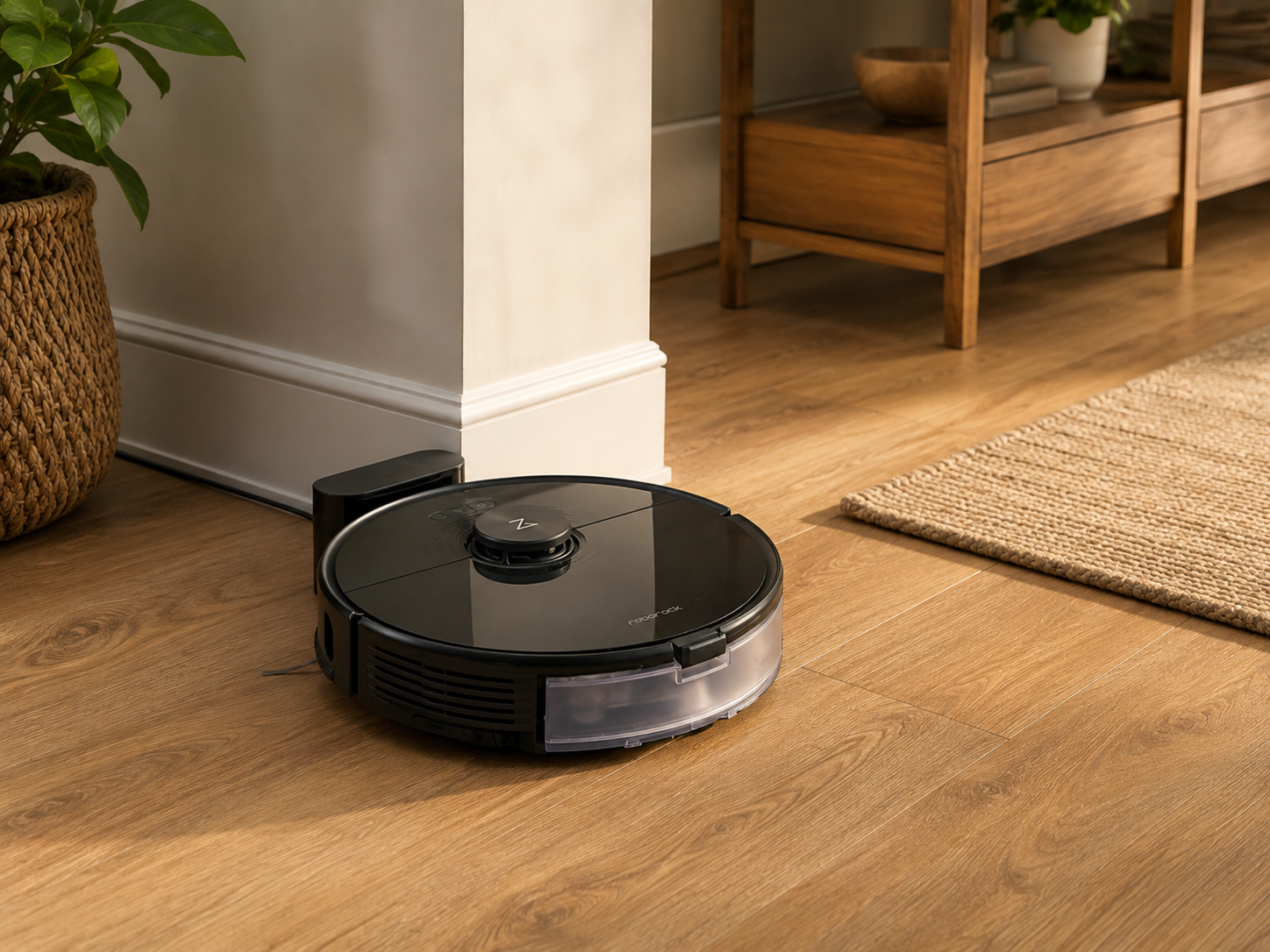 Black robot vacuum and mop cleaning a warm hardwood floor in a bright modern living room