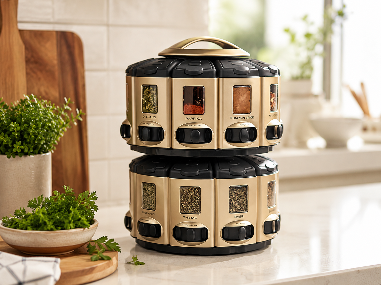Two-tier rotating spice organizer with labeled seasoning containers on a kitchen counter.