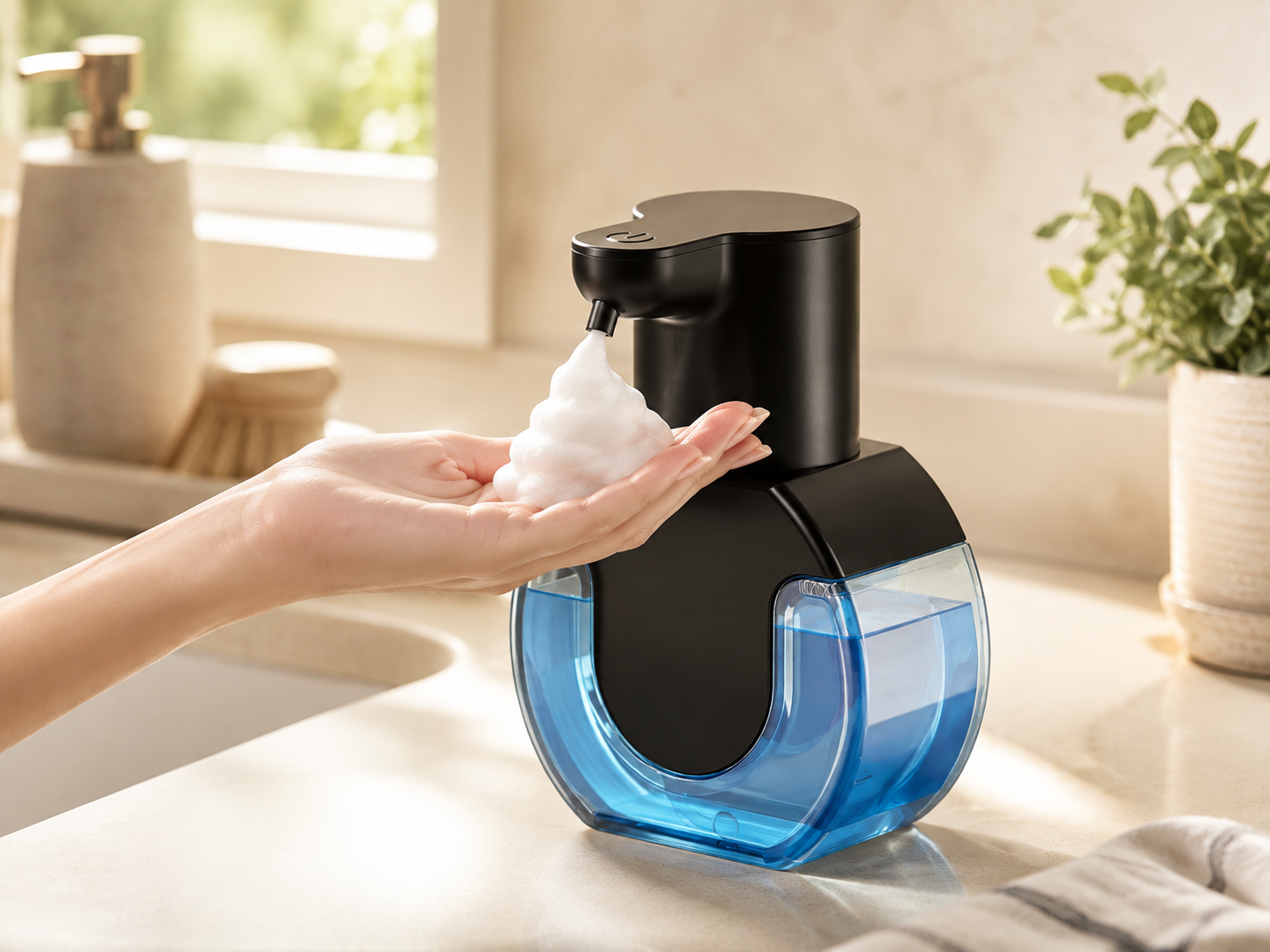 Black touchless foaming soap dispenser with a clear blue reservoir dispensing foam soap onto a hand.