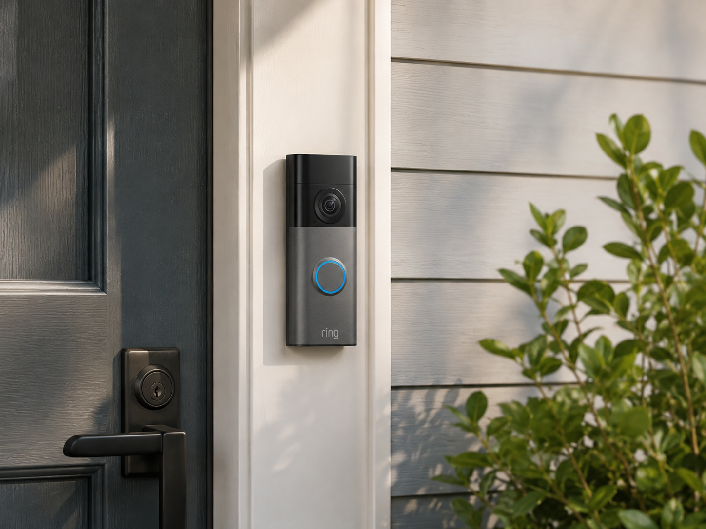 Matte dark video doorbell mounted beside a modern front door on a bright home exterior with greenery.