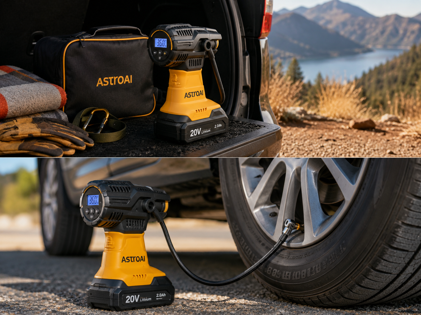 AstroAI C2 cordless tire inflator connected to a car tire beside an SUV in a roadside setting.