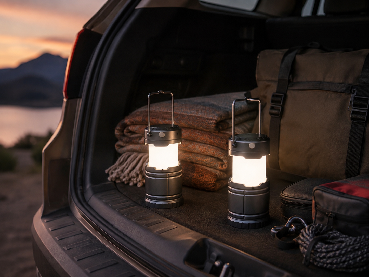 Rechargeable LED camping lanterns glowing at dusk in a cozy outdoor setup, designed for roadside emergencies and campsite lighting.