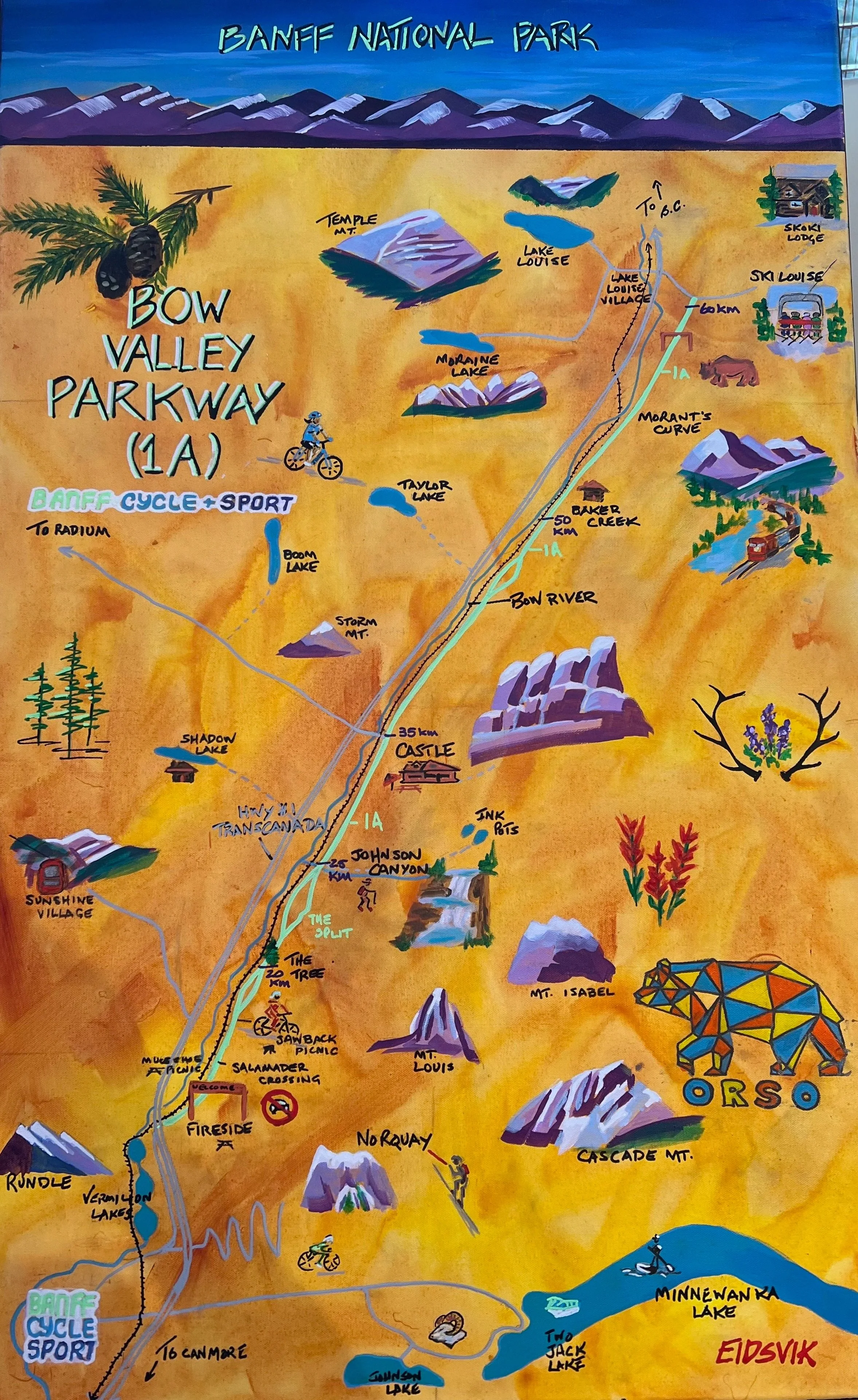 Bow Valley Parkway Map for Banff Cycle, acrylic, 36" x 24"