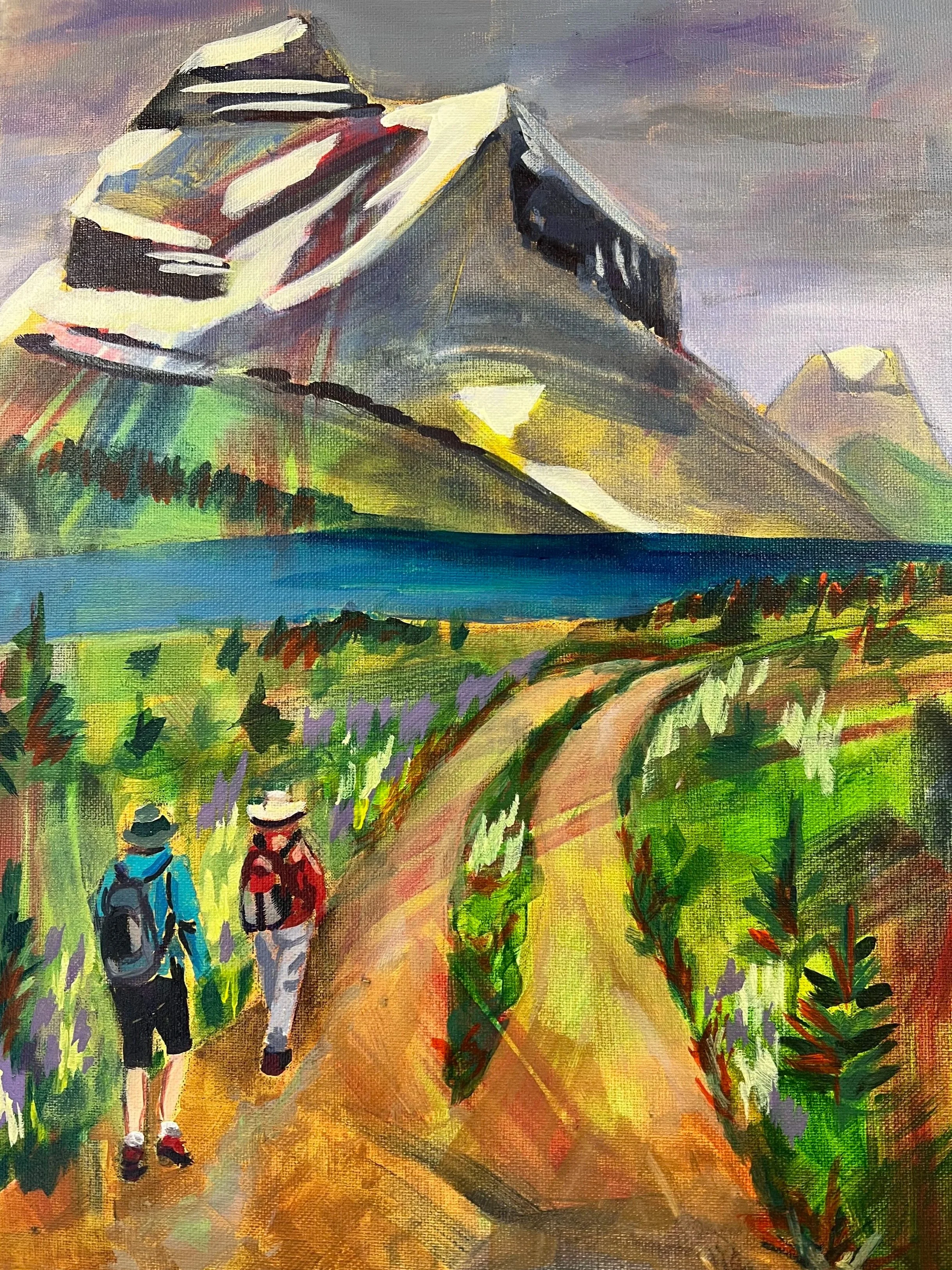 Jane and Ian Hiking Lake Louise, acrylic, 18" x 24"