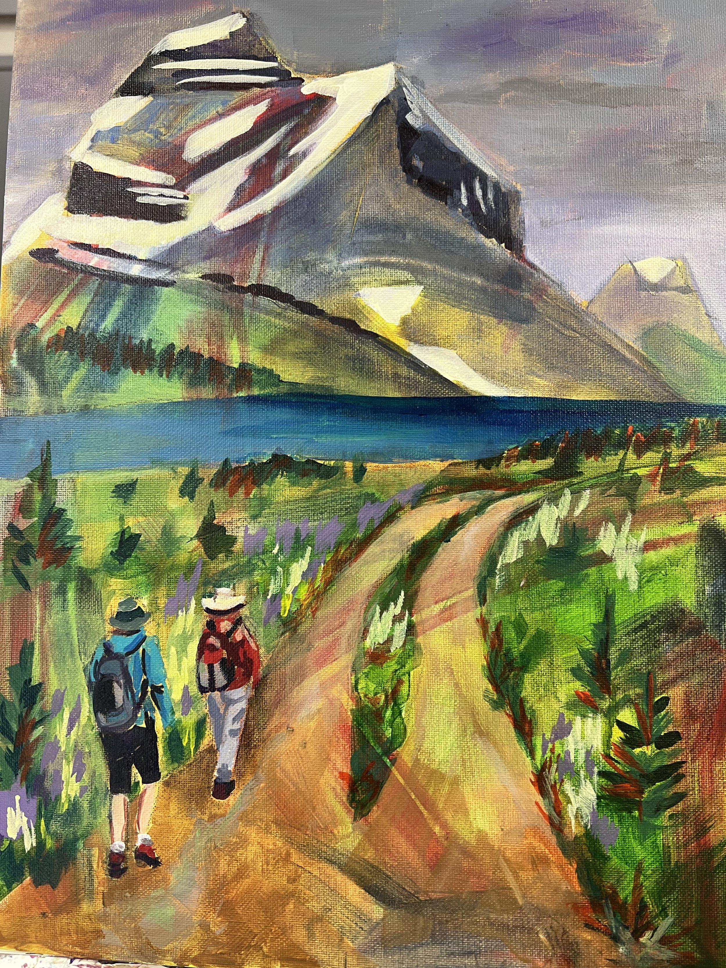 Jane and Ian hiking Lake Louise, acrylic 18 x 24