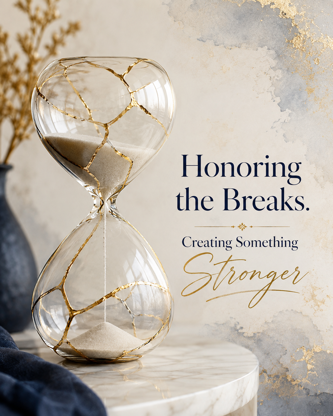 A decorative hourglass with gold cracks filled with white sand beside text that reads 'Honoring the Breaks. Creating Something Stronger'.