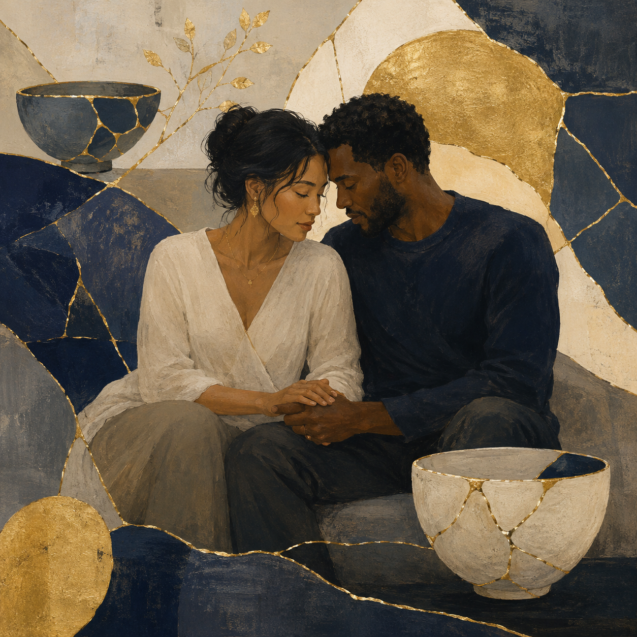 A painting of a couple sitting closely together with their foreheads touching, holding hands, in front of an abstract background with gold, gray, white, and dark blue geometric shapes and bowls.