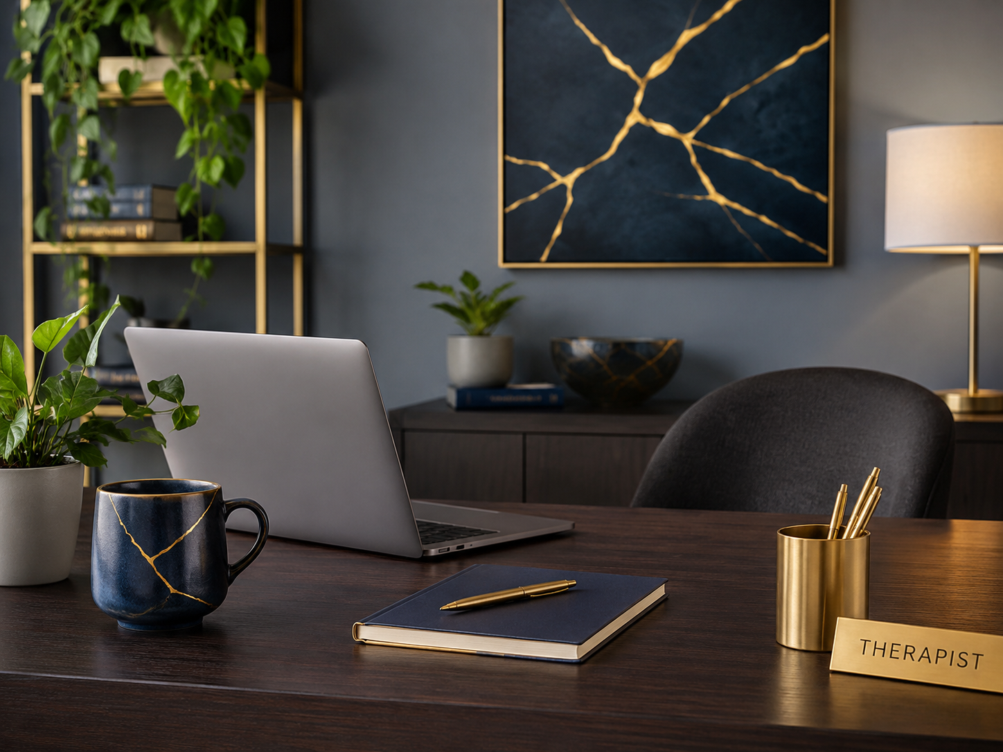 An organized therapist's office desk with a laptop, notebook, gold pen, gold pen holder, potted plants, a mug, and a sign that says 'THERAPIST'. In the background, there are shelves with books and decorative items, a blue and gold abstract picture, and a lamp with a beige shade.
