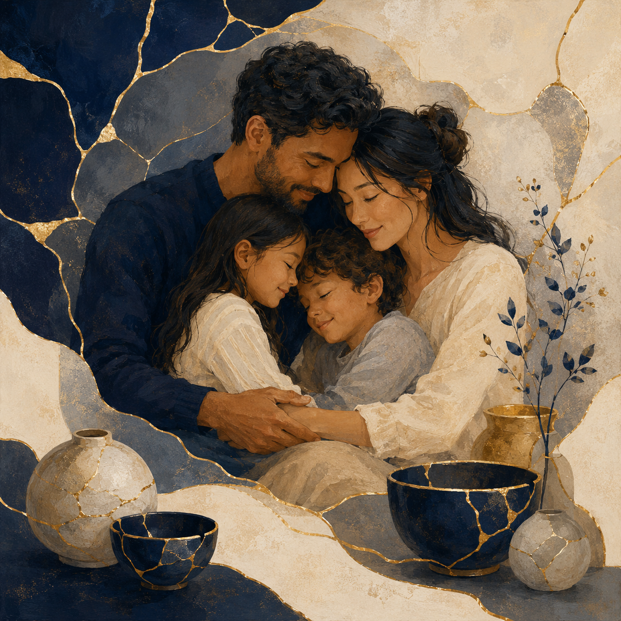 Painting of a family hugging, with adults and children smiling, surrounded by vases and decorative elements.