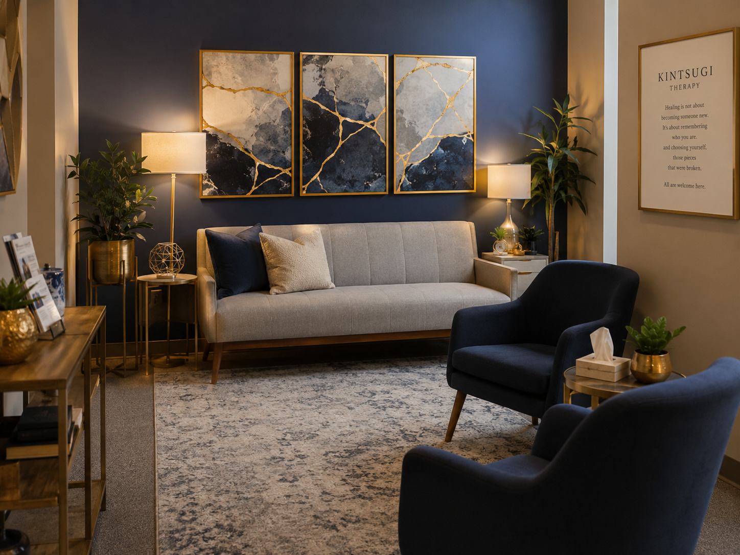 A cozy and stylish therapy office with a beige sofa and blue accent wall, decorated with abstract artwork and warm lighting.