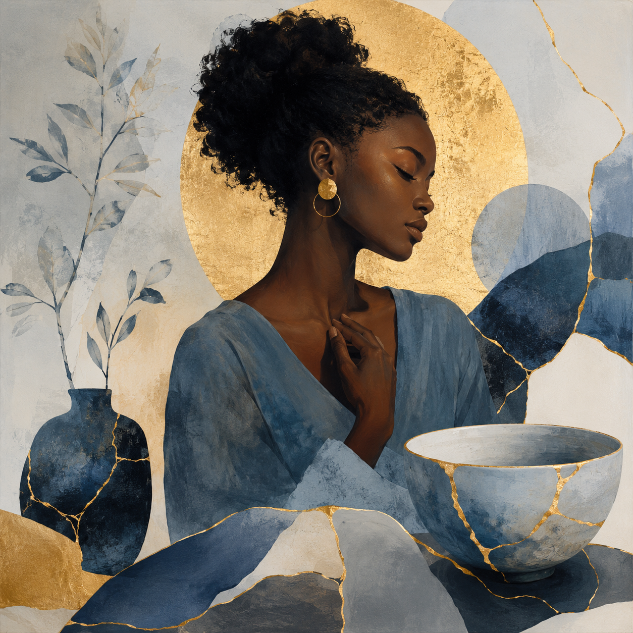 Painting of a woman with dark skin and curly hair, wearing gold earrings and a blue dress, surrounded by vases and abstract shapes with gold accents.