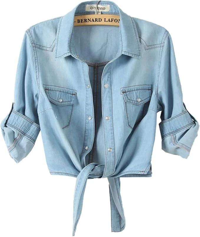 Flygo Womens Chambray Denim Shirt Crop Top.jpg