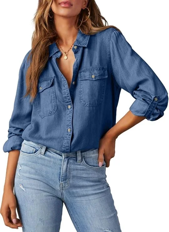 Astylish Womens Denim Button Down Chambray Blouse Top.jpg