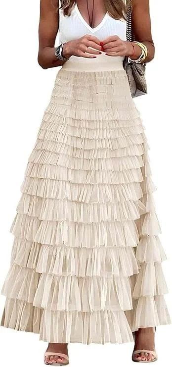 Womens Long Tiered Tulle Skirt Beige.jpg