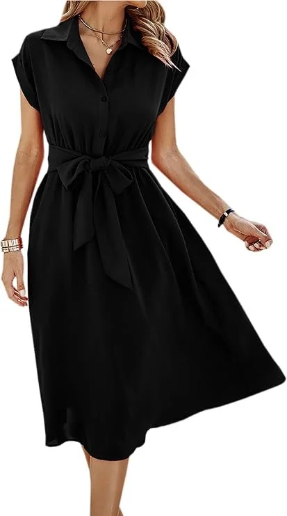 Womens Casual Midi Dresses Solid V Neck Short Sleeve Button Shirt Belted Dress with Pockets for Spring Summer 2026.jpg