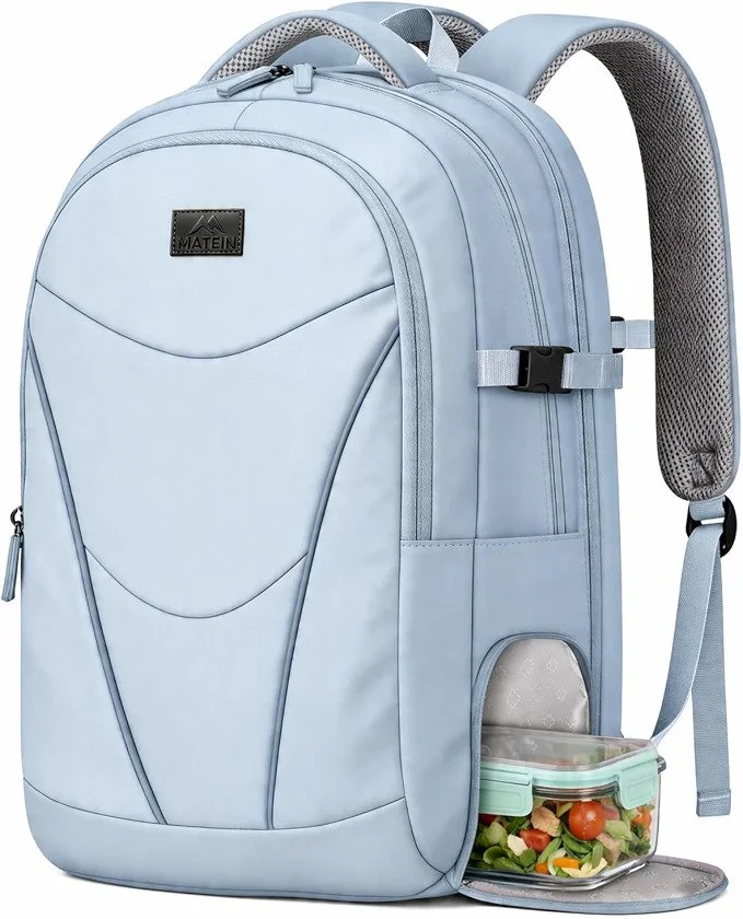 MATEIN light blue water-resistant laptop backpack with built-in bottom insulated cooler compartment for Disney park days