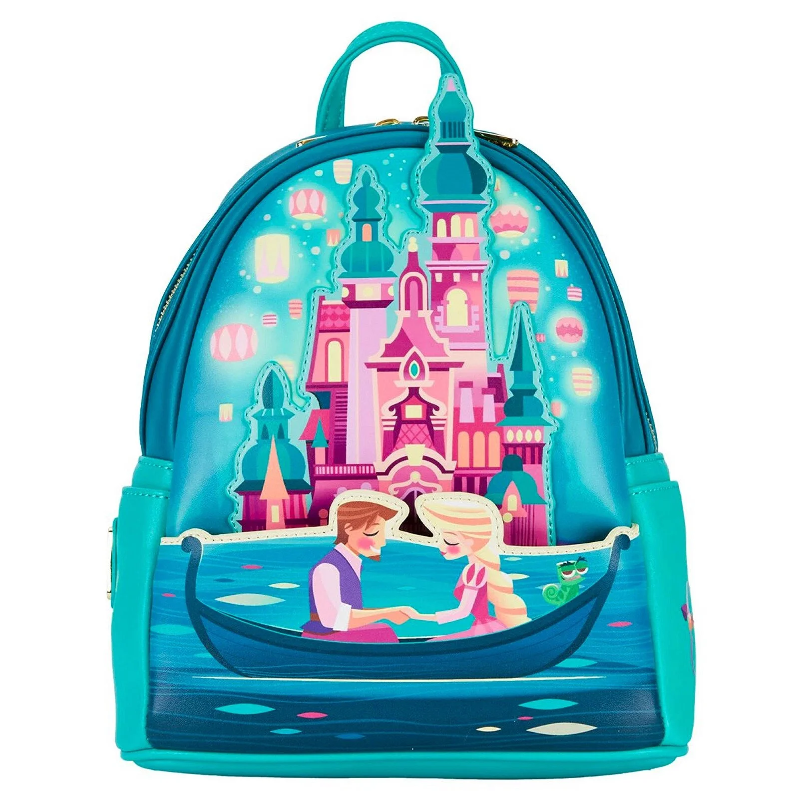 Loungefly Disney Tangled Rapunzel and Flynn Rider boat scene glowing lantern mini backpack in teal