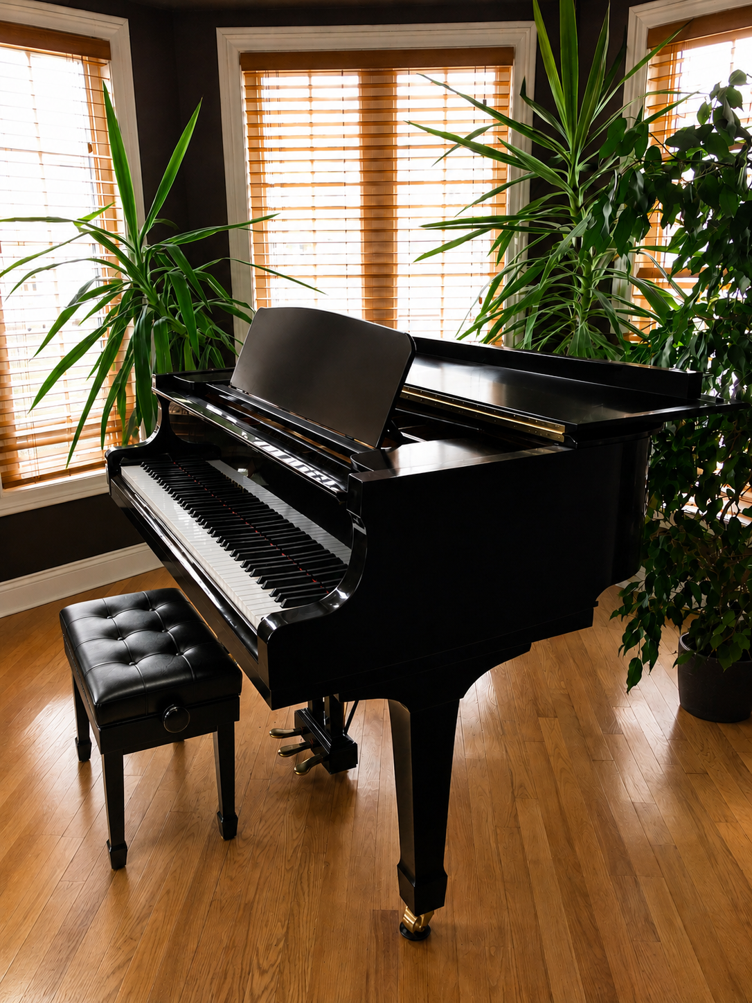A black grand piano with a matching black bench in a room with hardwood floors and large windows with wooden blinds, surrounded by tall green potted plants.