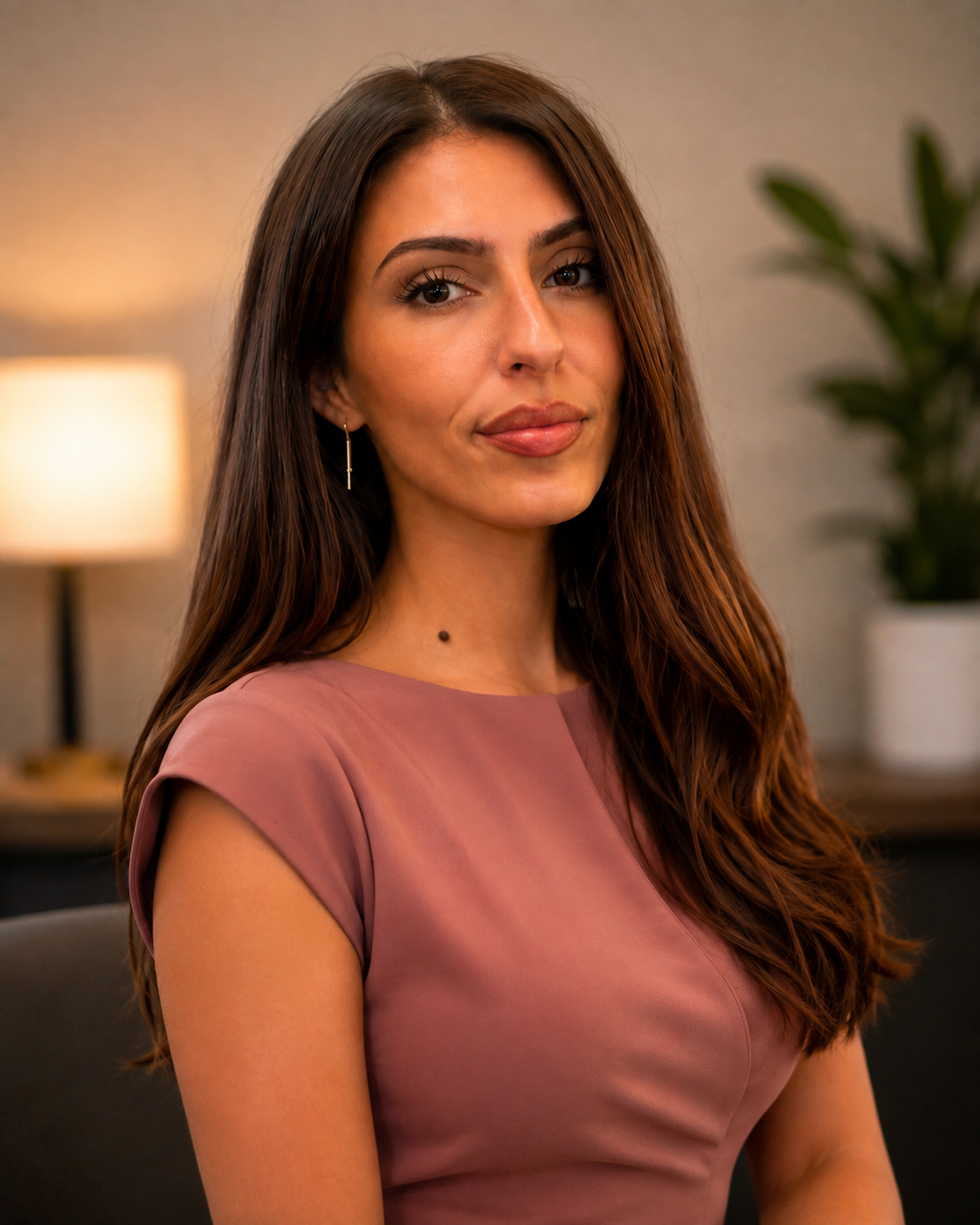A woman with long brown hair and earrings sitting indoors, wearing a mauve top, with a blurred background including a lamp and a plant.