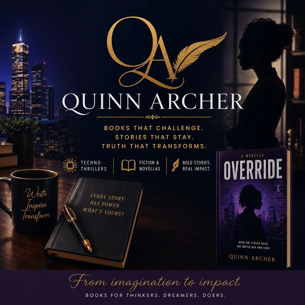 A promotional image for author Quinn Archer's books, featuring a night city skyline, a silhouette of a woman, a black mug with gold text, a black notebook with gold lettering, and a paperback novel titled 'Override' showing the book cover with a silhouette of a woman in a cityscape.