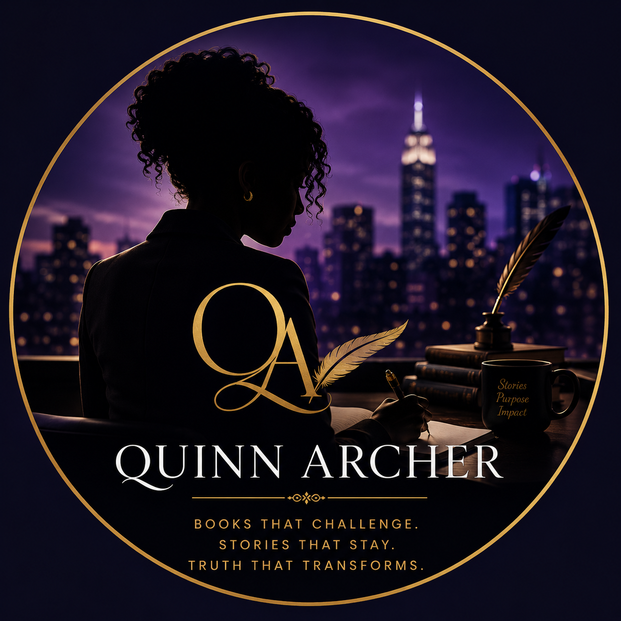Book cover featuring a silhouette of a woman with curly hair writing at a desk with a city skyline at night in the background. The cover displays the author's name, Quinn Archer, and the tagline: 'Books that challenge. Stories that stay. Truth that transforms.'