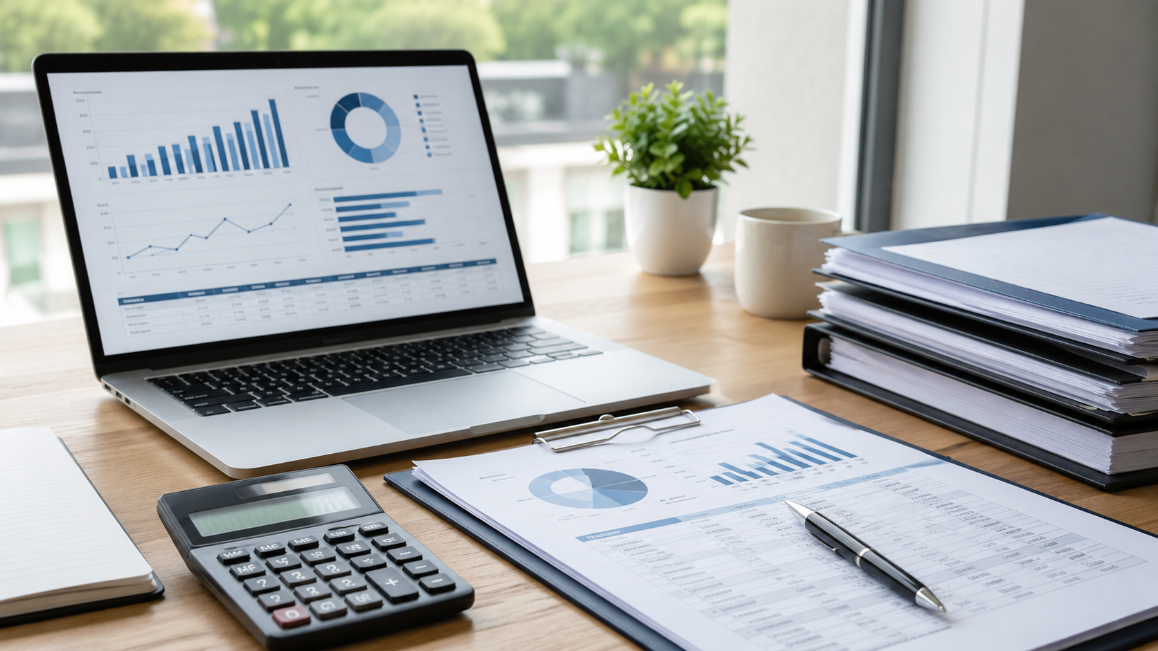 An office desk with a laptop displaying financial graphs and charts, a calculator, a clipboard with printed graphs, a pen, a stack of binders, a notebook, and two cups with a plant, near a window.