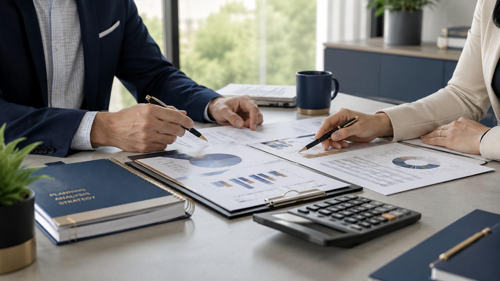 Two professionals sit at a desk reviewing business reports and graphs, with notebooks, a calculator, and a coffee mug nearby.
